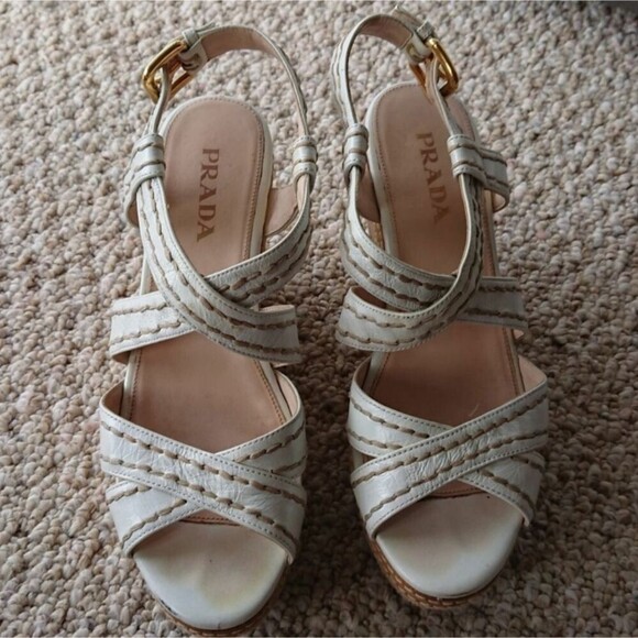 Prada White leather criss cross Wedges Sandals size 36.5 - Picture 9 of 16